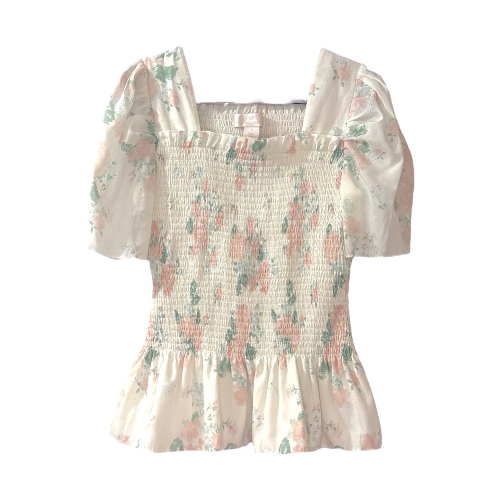 Rachel Parcell Square Neck Smocked Top Ivory Small Cottagecore Floral Romantic